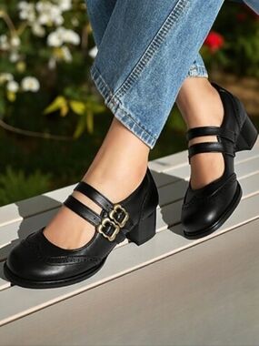 New Women's Black Leather Mary Jane Low Heel Pumps Earth Origin Loafers